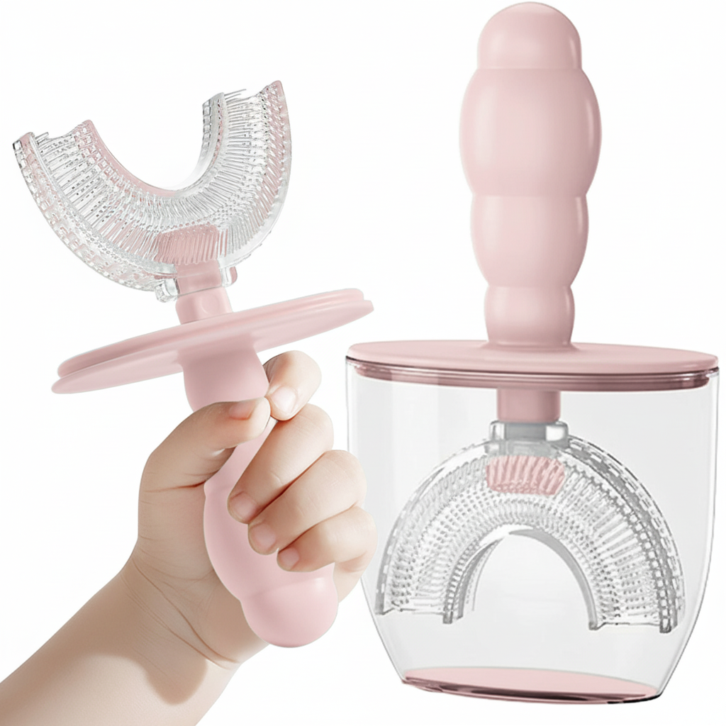 Bear U-Shaped Toothbrush in Case - Child Pink