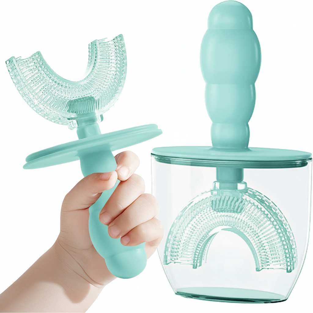 Bear U-Shaped Toothbrush in Case - Child Aqua